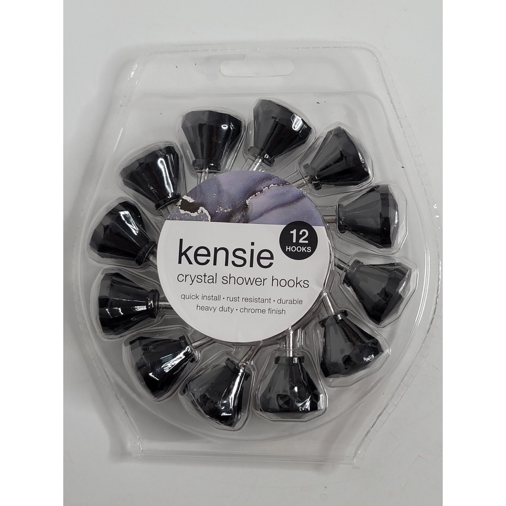Kensie 12 Crystal Jewel Shower Hooks Set Black NEW Chrome Finish